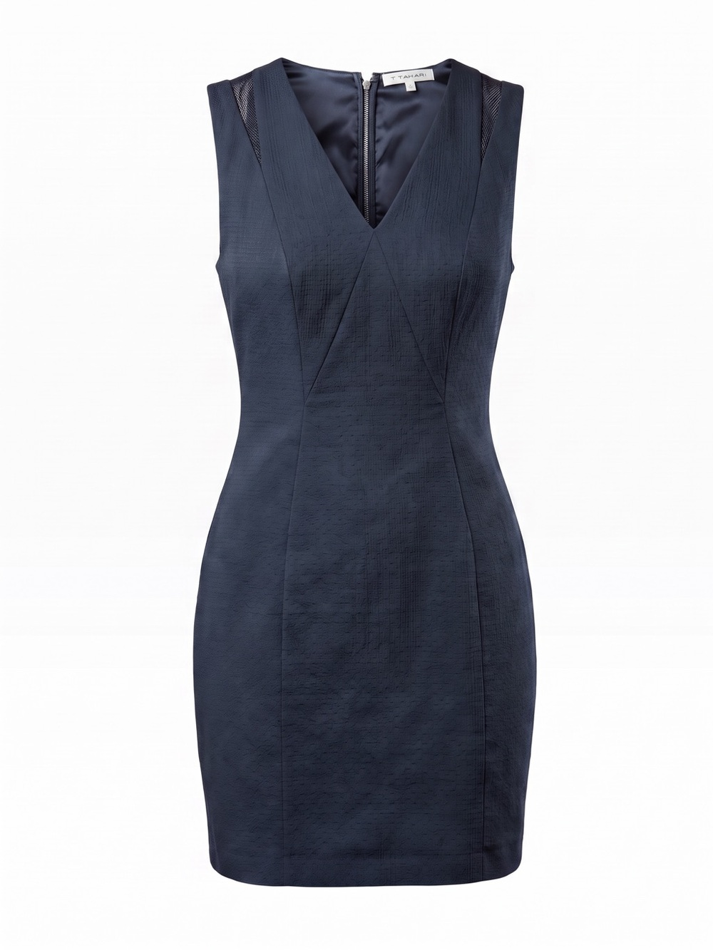 T Tahari Black Sleeveless V-Neck Sheath Dress Mesh Shoulder Accent Size 10